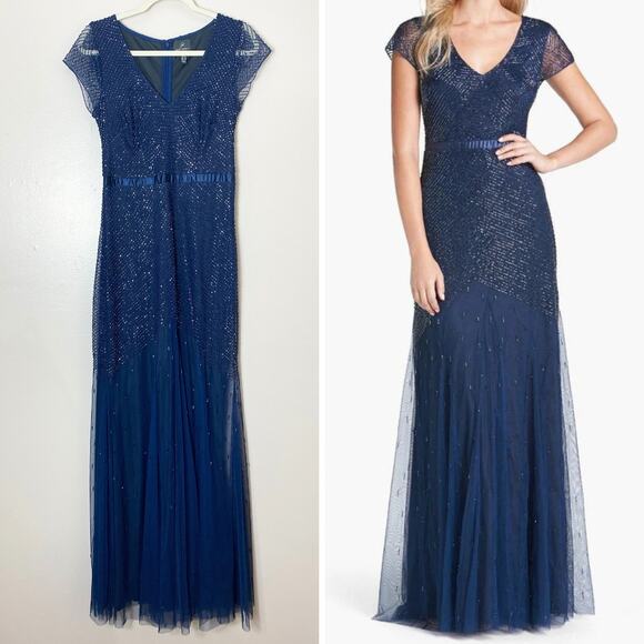ADRIANNA PAPELL DRESS 6 BEADED MAXI LONG GOWN LATTICE BLUE EVENING FORMAL CHIC - Picture 1 of 15